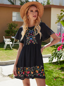  Plants Embroidered Butterfly Sleeve Smock Dress