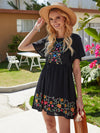 Plants Embroidered Butterfly Sleeve Smock Dress