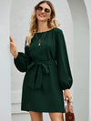 Boat Neck Bishop Sleeve Belted Dress