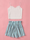 Girls Scallop Trim Cami Top Paperbag Waist Belted Shorts Set