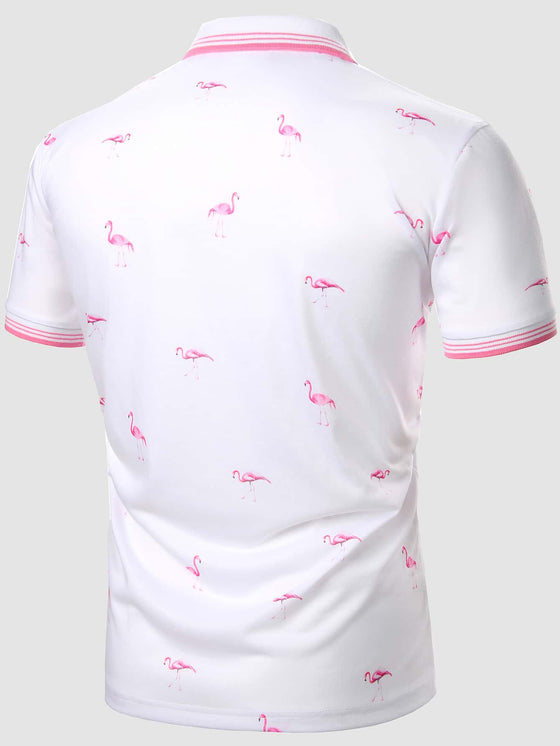 Men Flamingo Print Tape Polo Shirt