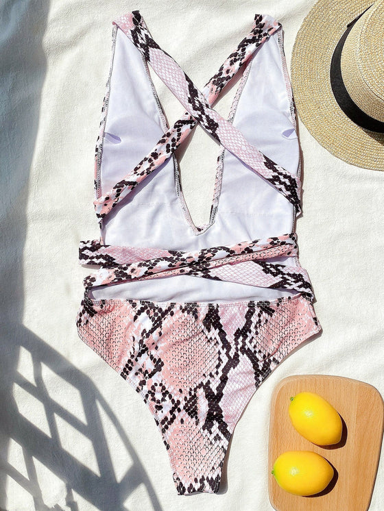 Snakeskin Print Backless Lace Up One Piece Swimsuit