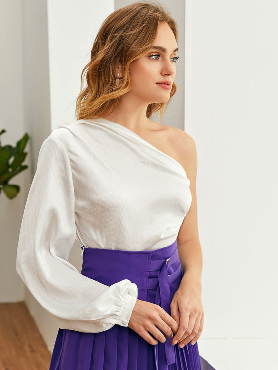 One Shoulder Lantern Sleeve Satin Bodysuit