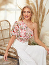 One Shoulder 3D Applique Floral Top