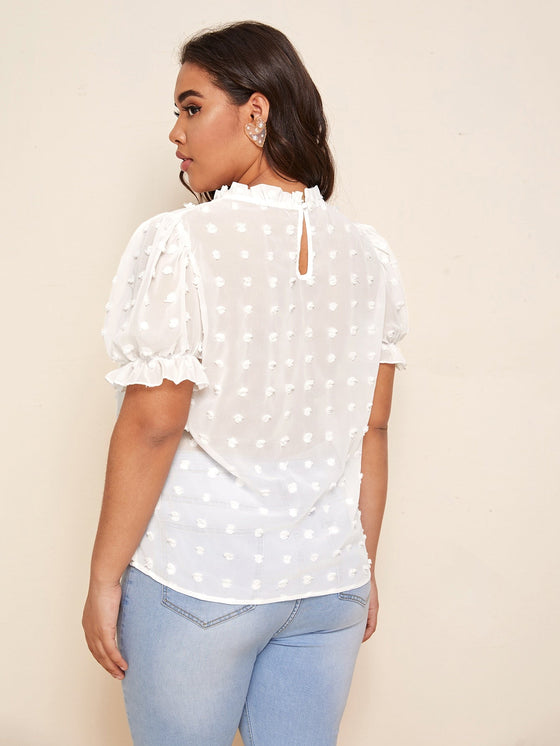 Plus Ruffle Neck Puff Sleeve Appliques Top