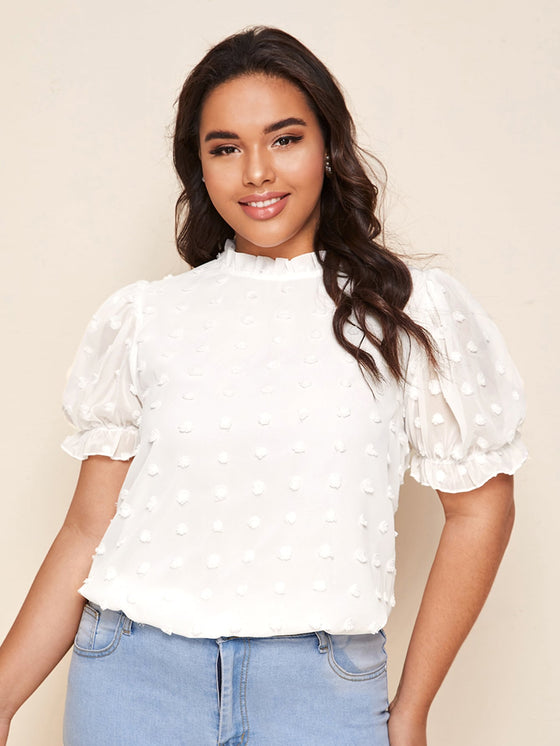 Plus Ruffle Neck Puff Sleeve Appliques Top