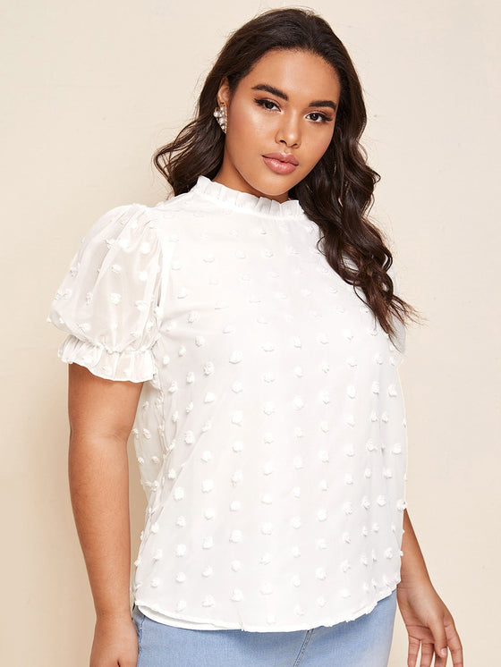 Plus Ruffle Neck Puff Sleeve Appliques Top