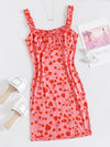 Ruched Bust Frill Trim Heart Print Bodycon Dress