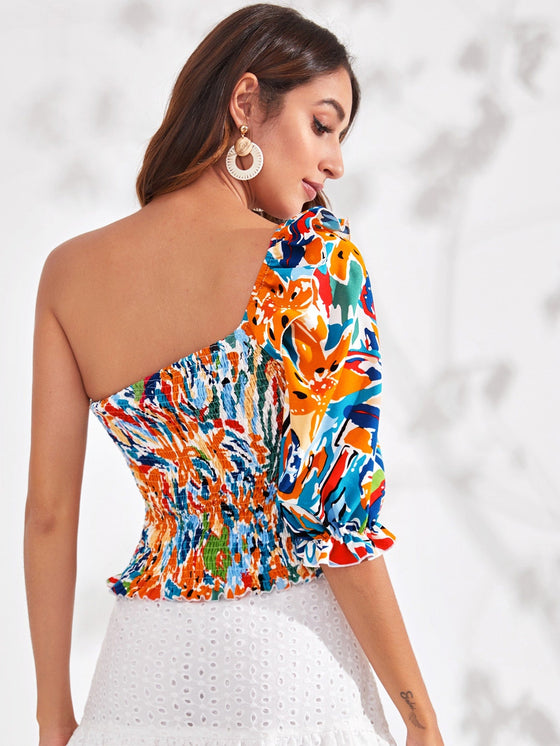 Allover Print Shirred Ruffle One Shoulder Top