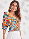 Allover Print Shirred Ruffle One Shoulder Top