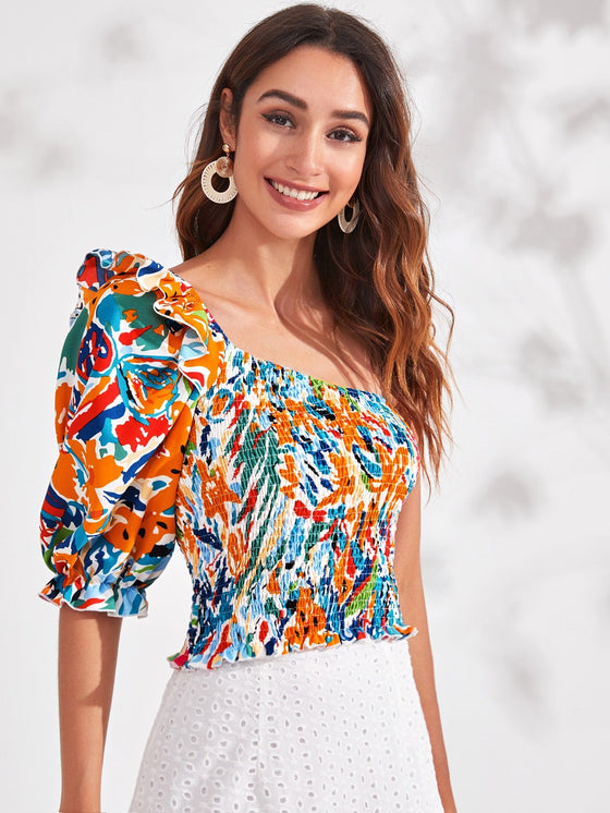 Allover Print Shirred Ruffle One Shoulder Top