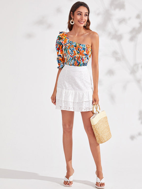 Allover Print Shirred Ruffle One Shoulder Top