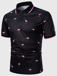  Men Flamingo Print Tape Polo Shirt