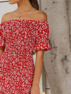 Off Shoulder Ruffle Trim Shirred Ditsy Floral Dress