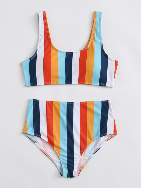 Colorful Striped High Waisted Bikini Swimsuit