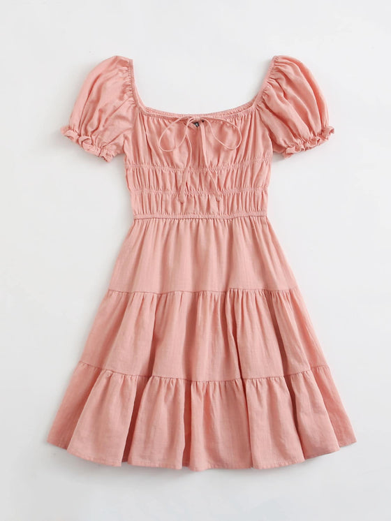 Tie Front Ruched Bust Ruffle Hem Dress