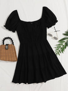  Tie Neck Ruched Bust Puff Sleeve Tiered Dress