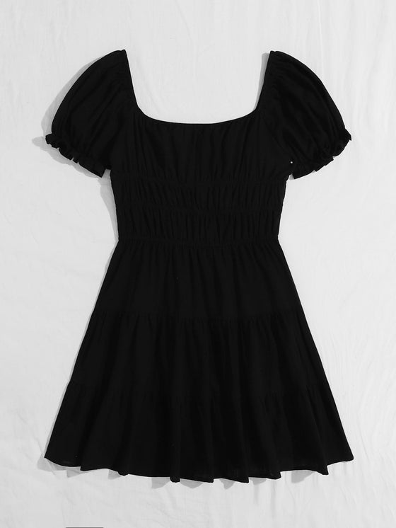 Tie Neck Ruched Bust Puff Sleeve Tiered Dress