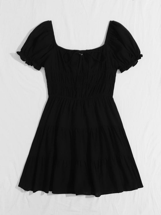 Tie Neck Ruched Bust Puff Sleeve Tiered Dress