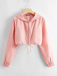  Zip Up Drawstring Hem Hooded Jacket