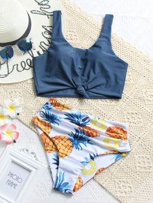  Pineapple Print Knot Hem Ruched Bikini Swimsuit