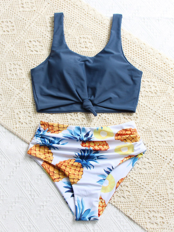 Pineapple Print Knot Hem Ruched Bikini Swimsuit