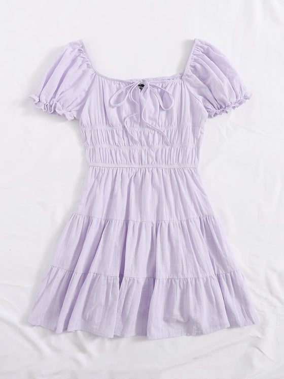 Tie Neck Ruched Bust Puff Sleeve Tiered Dress