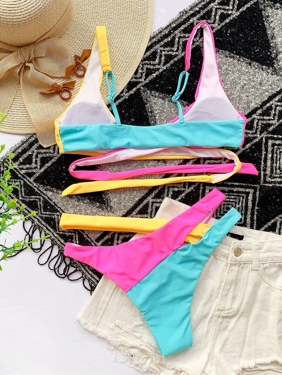 Color Block Cut out Wrap Bikini Swimsuit