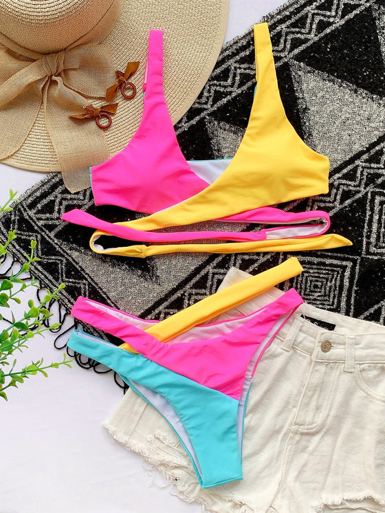 Color Block Cut out Wrap Bikini Swimsuit