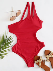  Cut Out One Shoulder One Piece Swimsuit