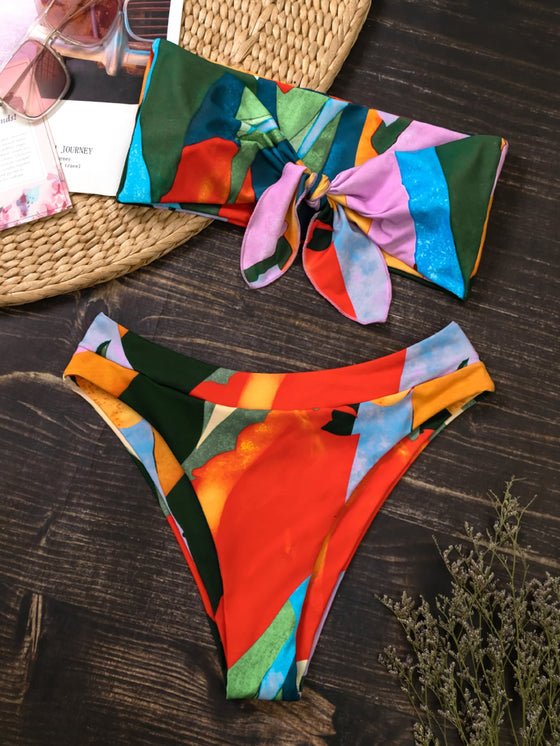 Color Block Knot Front Bandeau Bikini Swimsuit