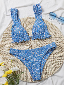  Ditsy Floral Ruffle Trim Triangle Bikini Swimsuit