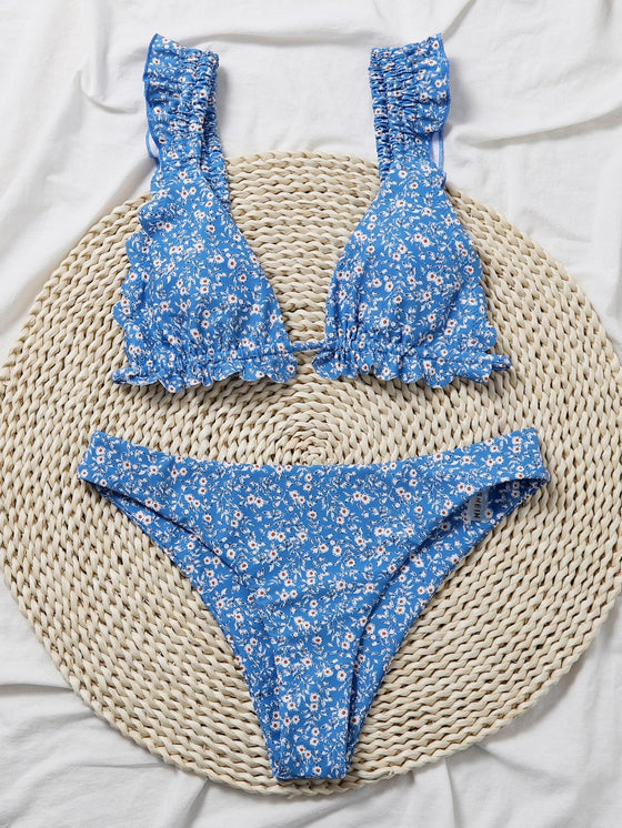 Ditsy Floral Ruffle Trim Triangle Bikini Swimsuit