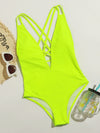 Neon Lime Criss Cross Plunging One Piece Swimsuit