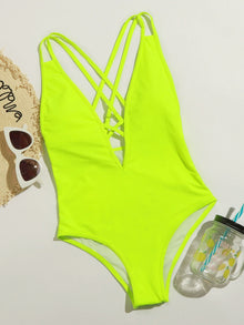  Neon Lime Criss Cross Plunging One Piece Swimsuit