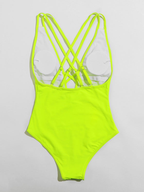 Neon Lime Criss Cross Plunging One Piece Swimsuit