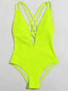 Neon Lime Criss Cross Plunging One Piece Swimsuit