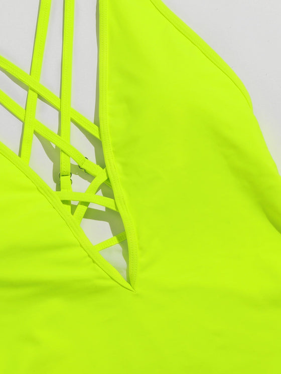 Neon Lime Criss Cross Plunging One Piece Swimsuit