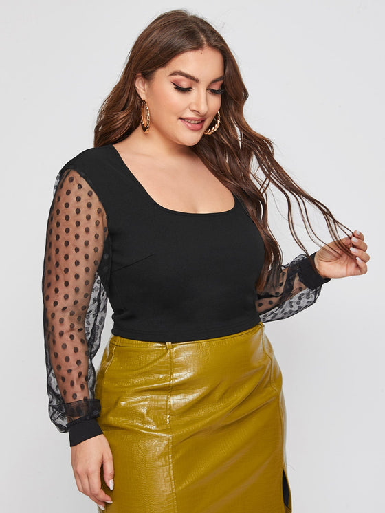 Plus Dobby Mesh Sleeve Crop Top