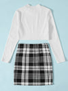 Girls Rib knit Crop Tee Plaid Skirt Set