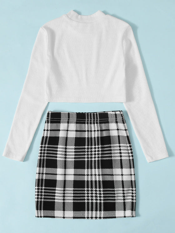 Girls Rib knit Crop Tee Plaid Skirt Set