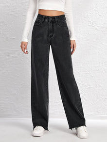  High Waist Raw Hem Wide Leg Jeans