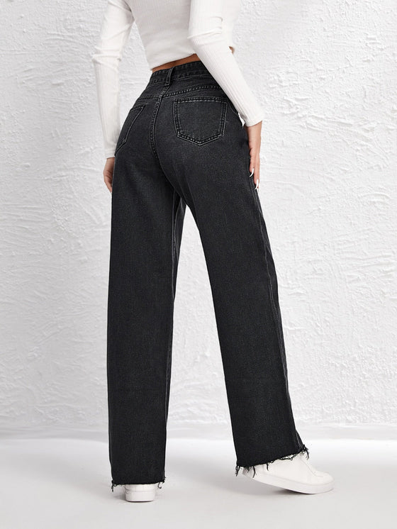 High Waist Raw Hem Wide Leg Jeans