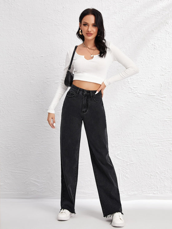 High Waist Raw Hem Wide Leg Jeans