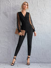 Surplice Neck Polka Dot Flocked Mesh Sleeve Self Belted Jumpsuit