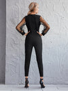 Surplice Neck Polka Dot Flocked Mesh Sleeve Self Belted Jumpsuit