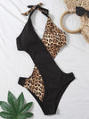 Leopard Rib Cut out Halter One Piece Swimsuit