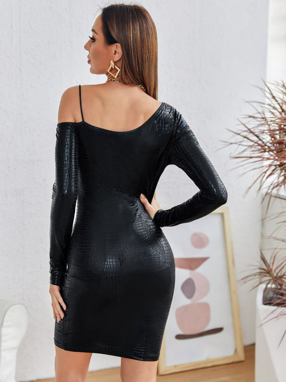 Asymmetrical Neck Crocodile Embossed Dress Without Belt