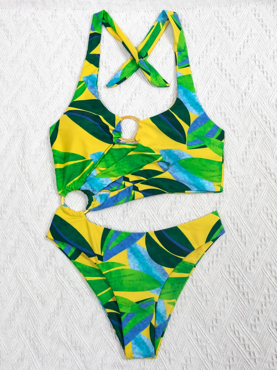 Leaf Print Ring Linked Cut out One Piece Swimsuit