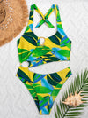 Leaf Print Ring Linked Cut out One Piece Swimsuit